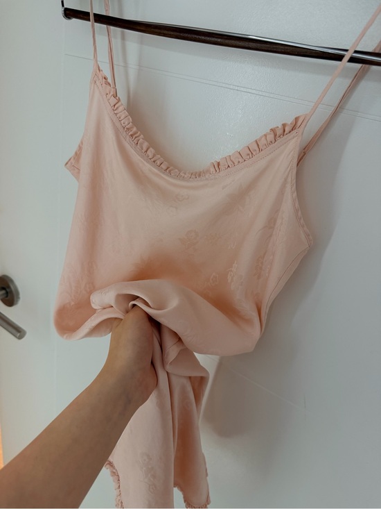 Other - 100% Silk Light Peach Pink Women’s Satin Cami with Ruffle Trim Night Gown Dress